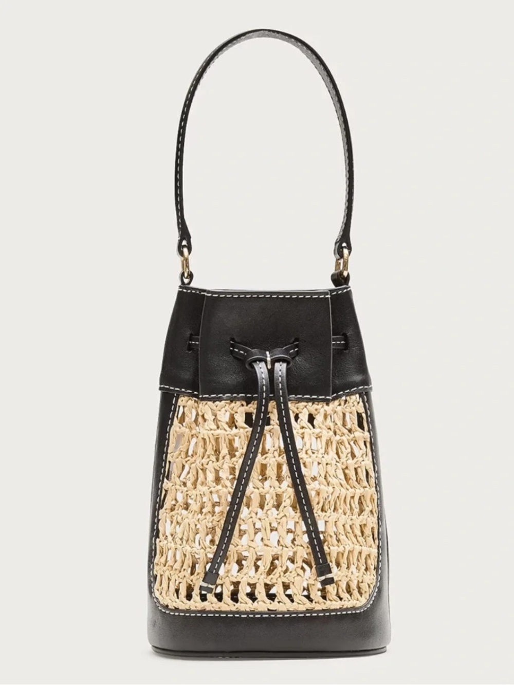 J.Crew | NWT | Leather & Straw Woven Drawstring Mini Bucket Bag | Black